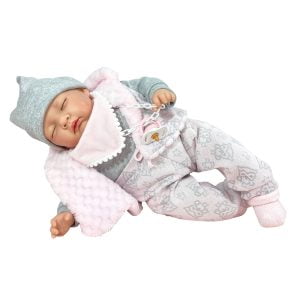 Papusa Nines D'Onil, Snow, nou-nascut, cu sunete, cu ochii inchisi, ambalata in cutie, cu miros de vanilie, 45 cm